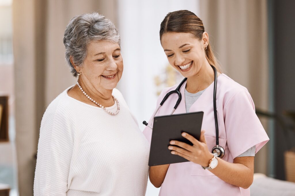 Tablet, healthcare and nurse with senior woman for digital help, support or wellness check, data an